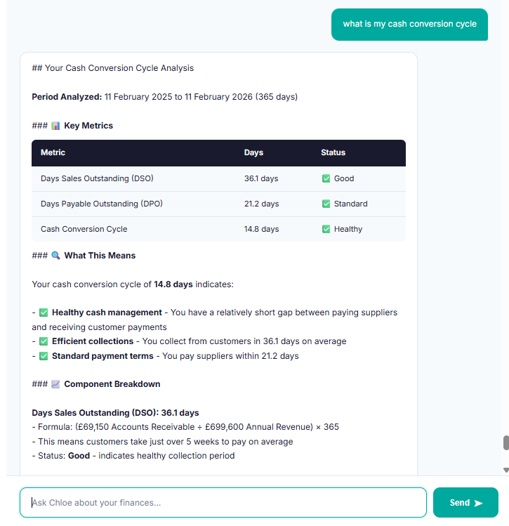 Image showing Chloe-AI | Grosvenor.Solutions answering cash conversion cycle question